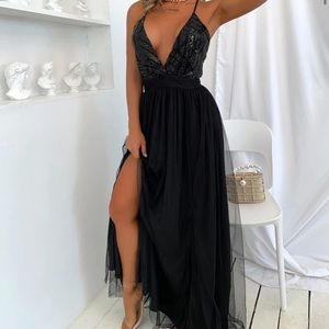 Joyfunear Sequin Bodice Blackless Mesh Cami Prom Dress -SHEIN